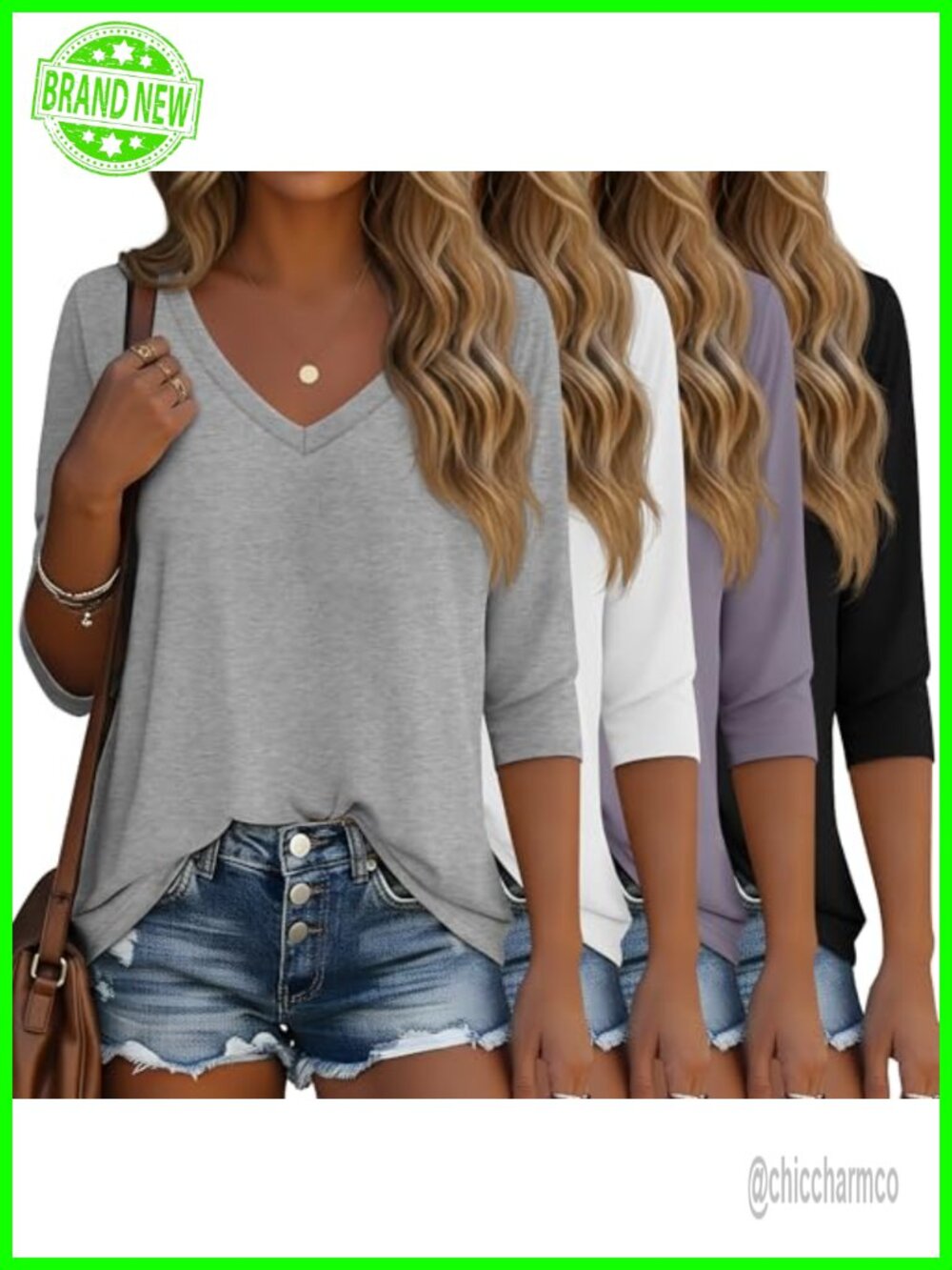 4 Pack 3/4 Sleeve V Neck Loose Fit T Shirts Cotton Spandex Casual Tops